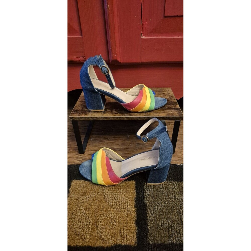 Modcloth Size 5 Euro 38 Limitless Radiance Rainbow & Denim Ankle Strap Heels EUC